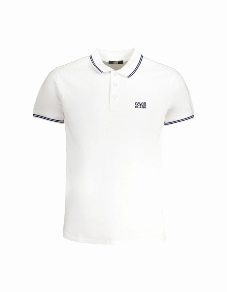 Cavalli Class Tipped Collar Blue Logo White Polo Shirt