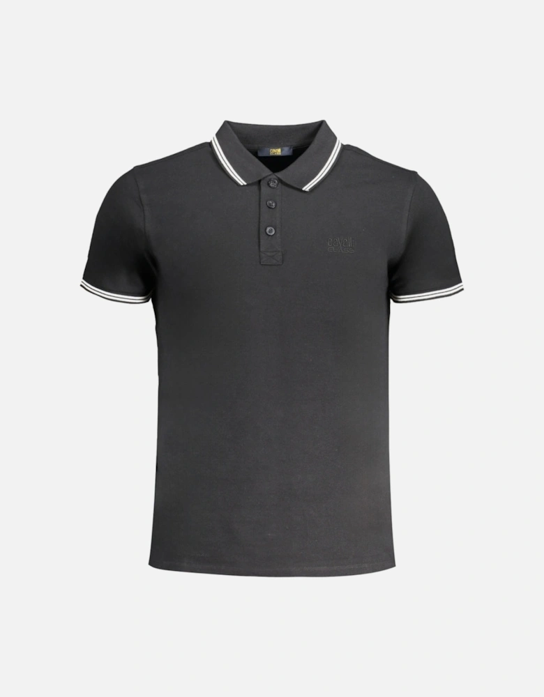 Cavalli Class White Tipped Collar Toned Logo Black Polo Shirt