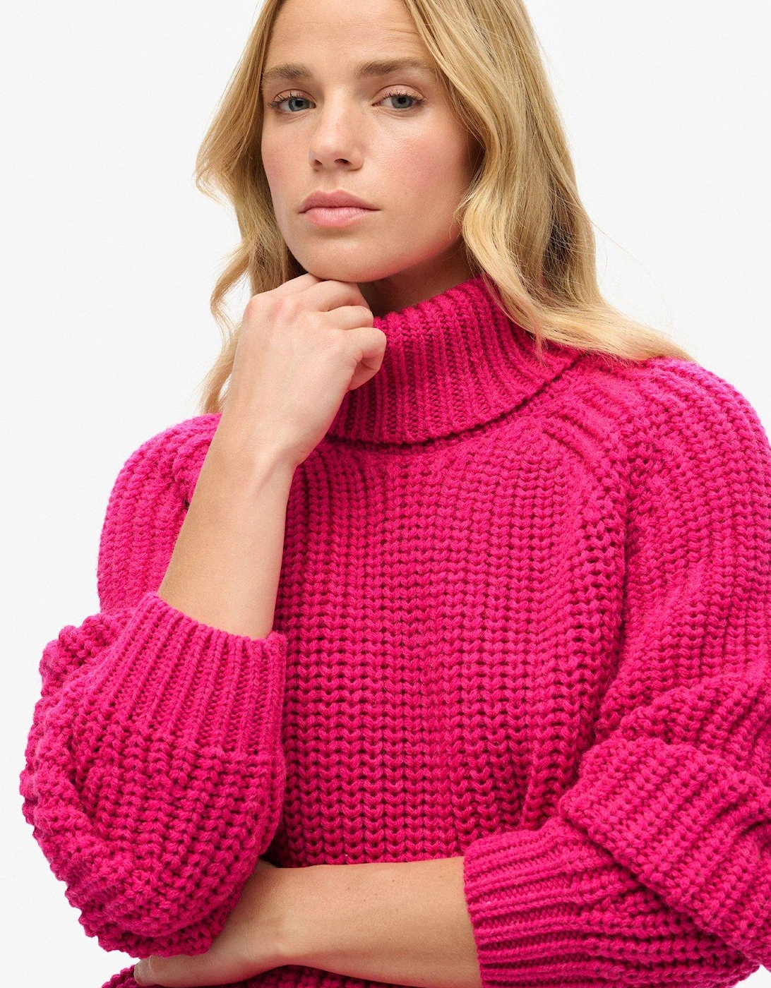 Slouchy Stitch Roll Neck Knit Jumper - Pink