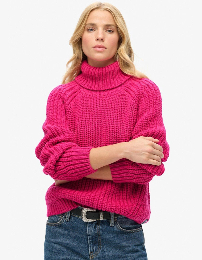 Slouchy Stitch Roll Neck Knit Jumper - Pink