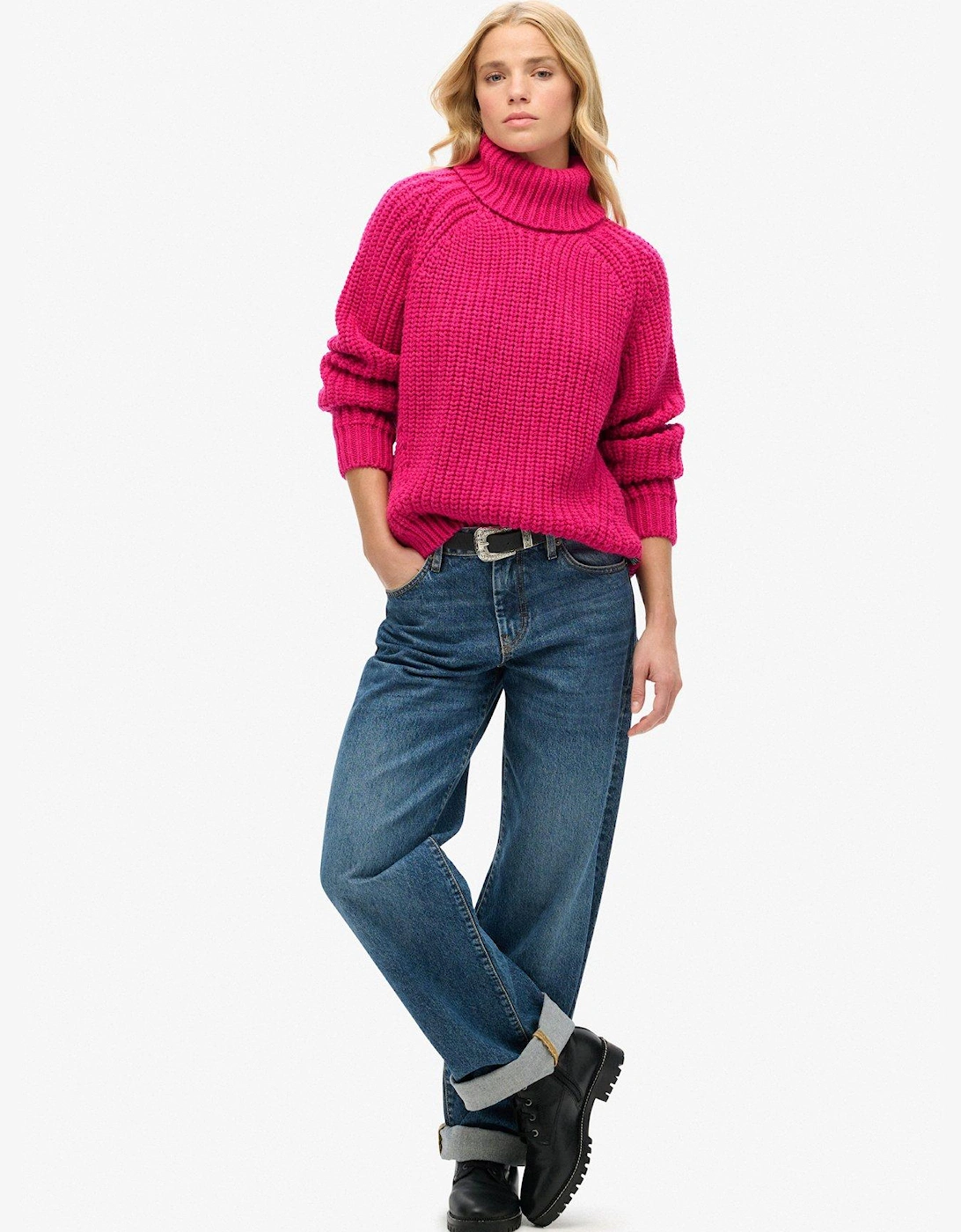 Slouchy Stitch Roll Neck Knit Jumper - Pink