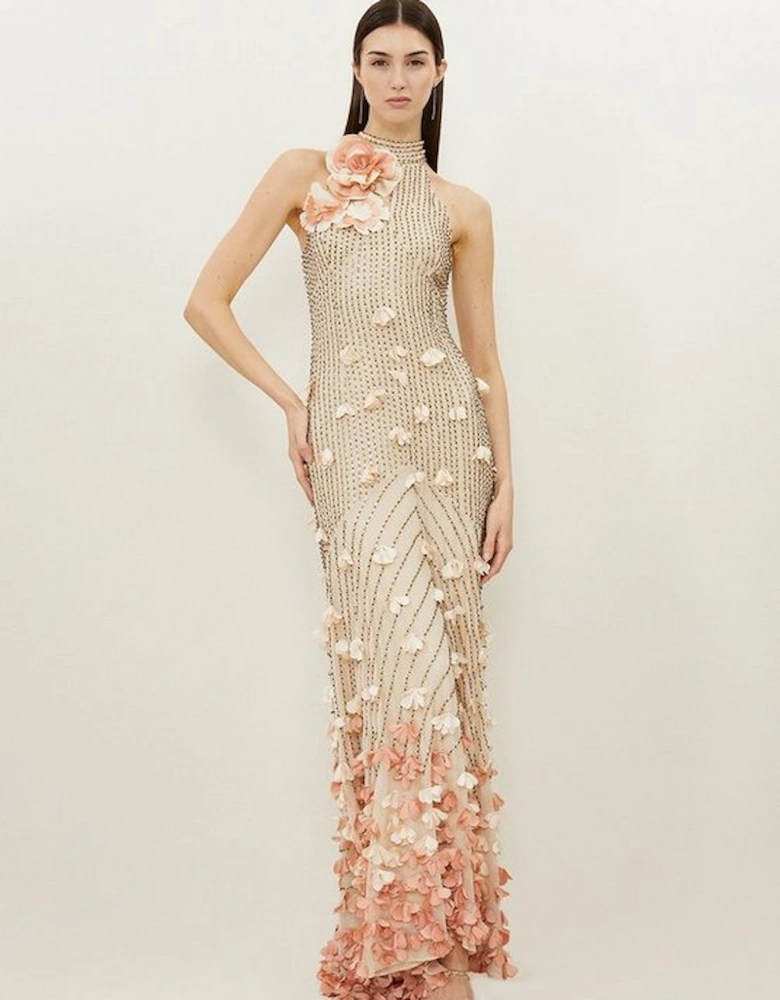 Crystal Applique Woven Maxi Rosette Maxi Dress