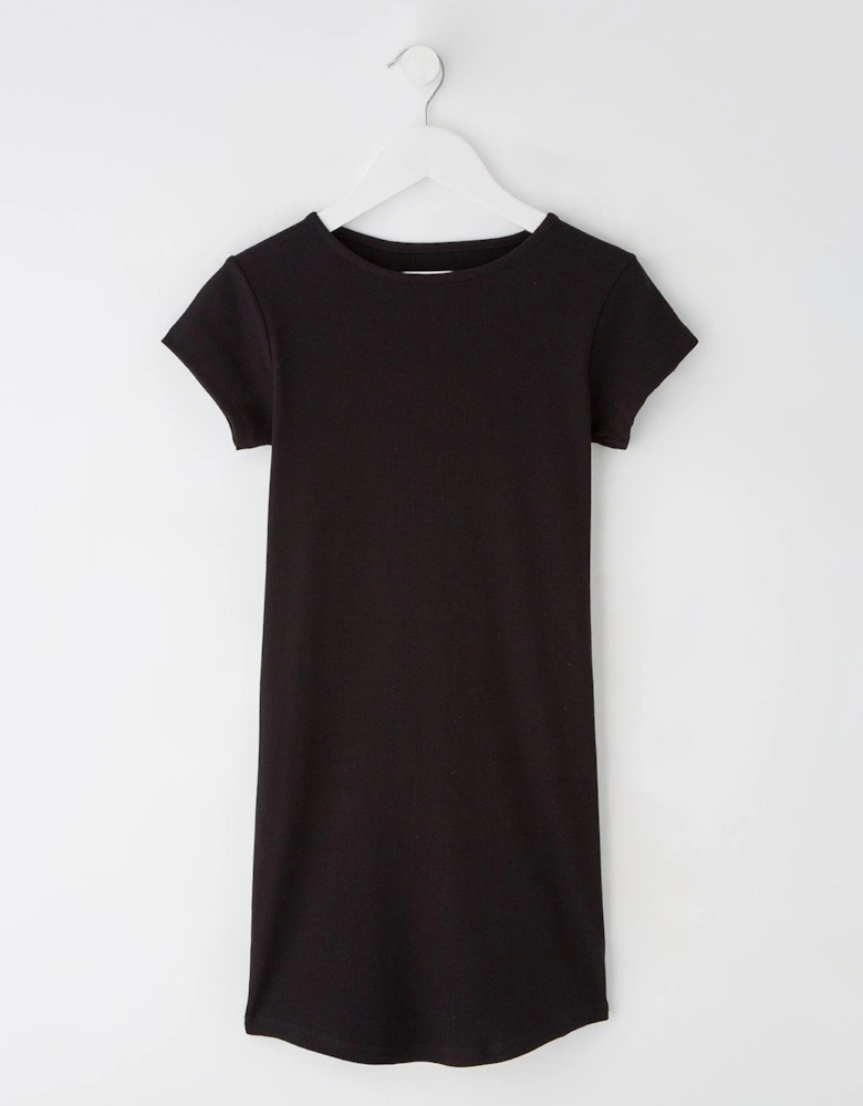 Girls Short Sleeve Ribbed Dress - Black