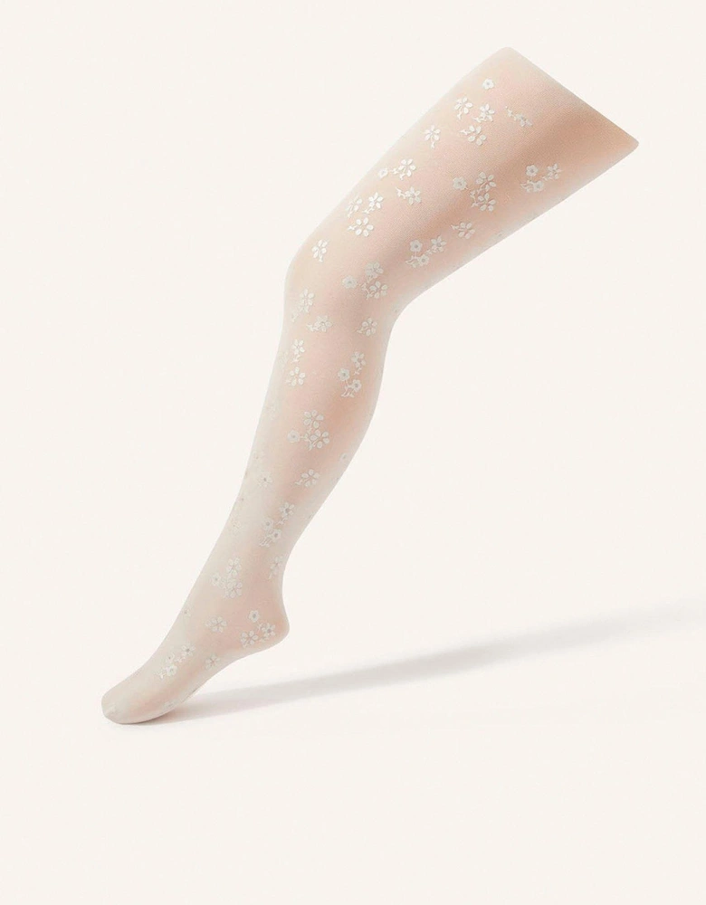 Girls Floral Print Tights - Ivory