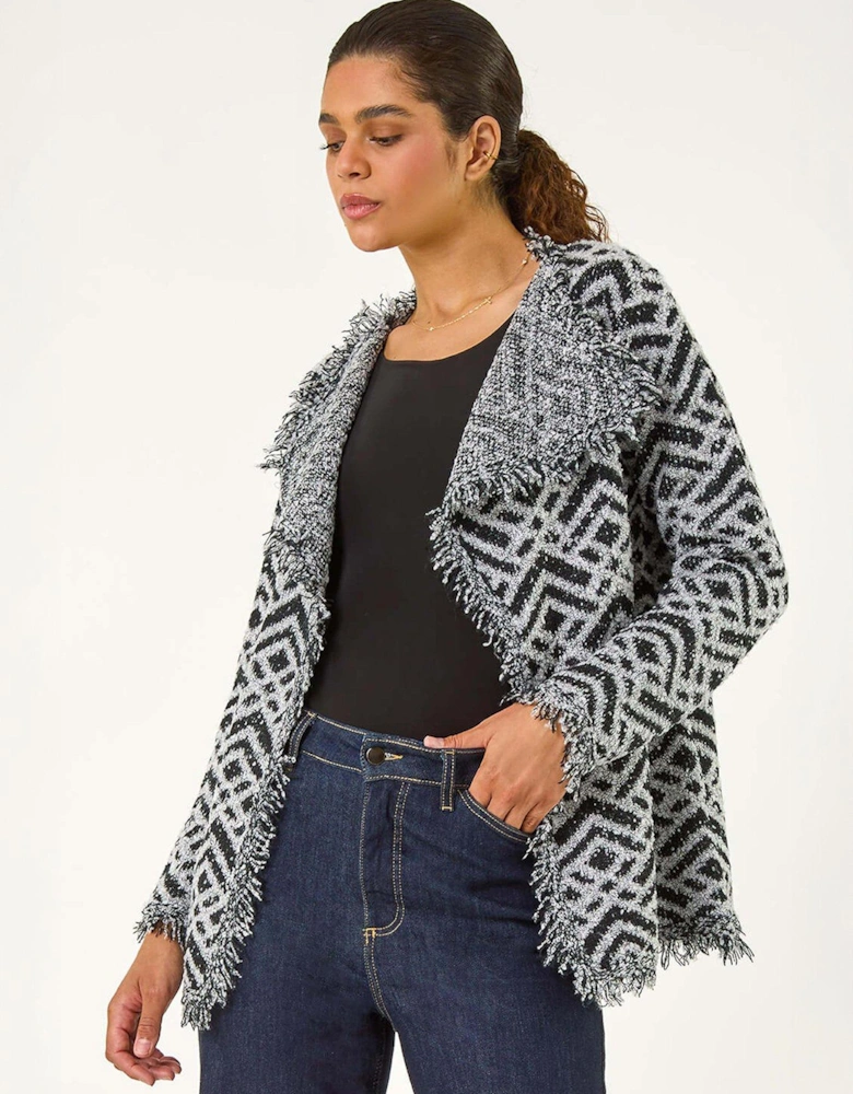 Geometric Fringe Collared Cardigan - Black