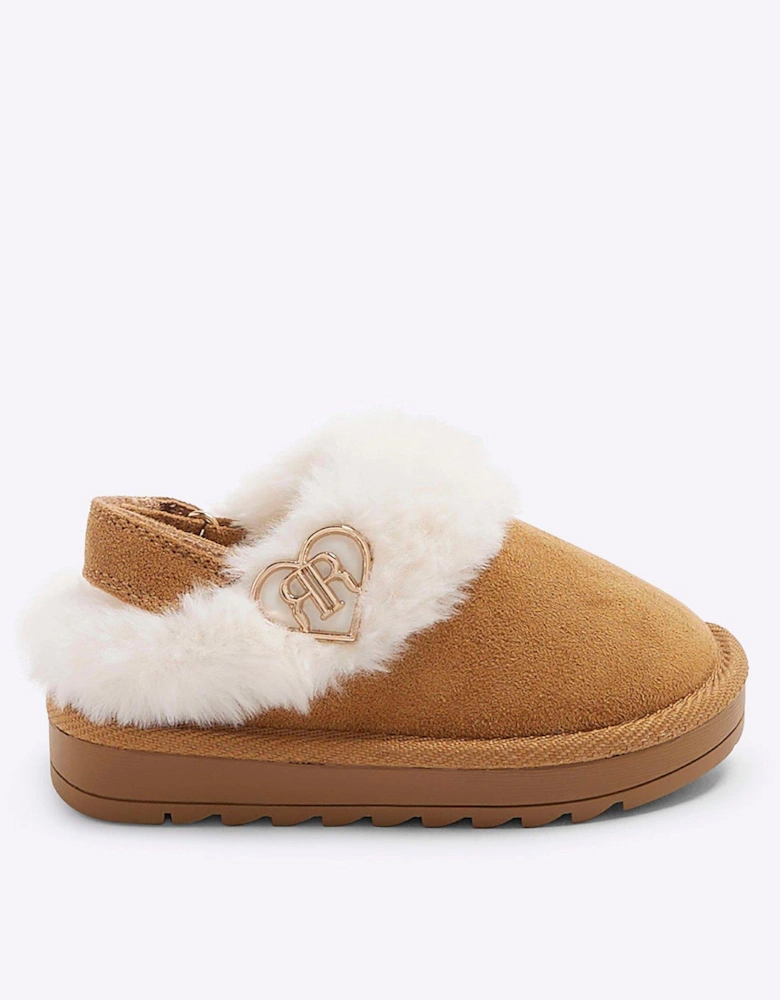 Girls Faux Fur Closed Toe Slippers - Brown