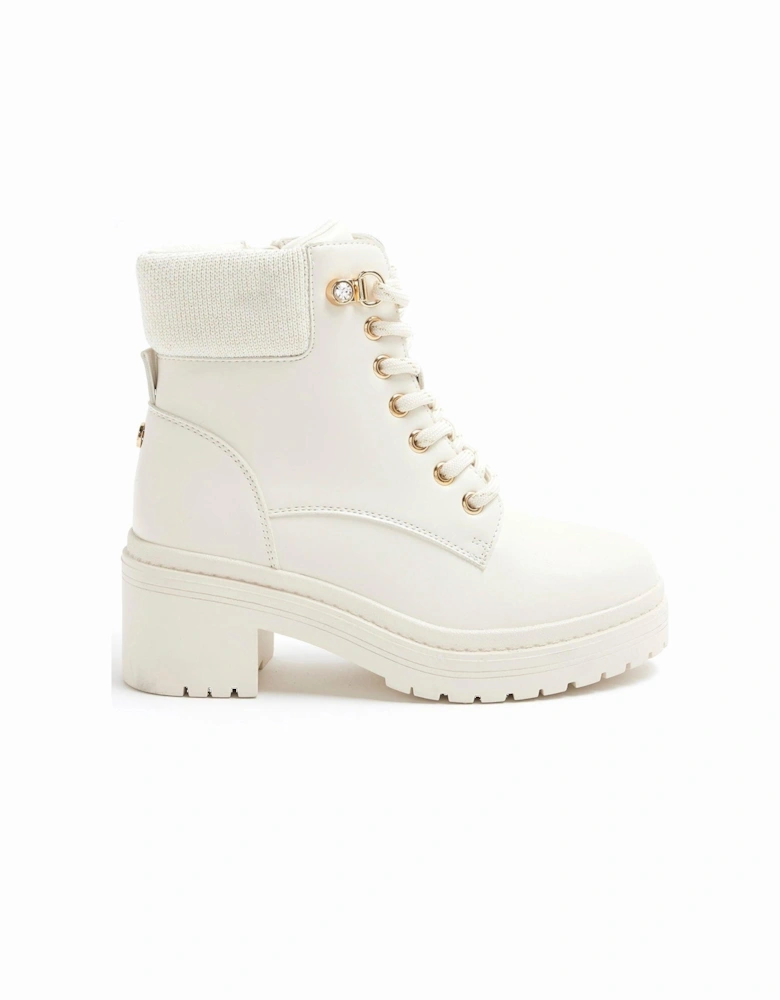 Girls Heeled Hiker Lace Up Boots - Cream