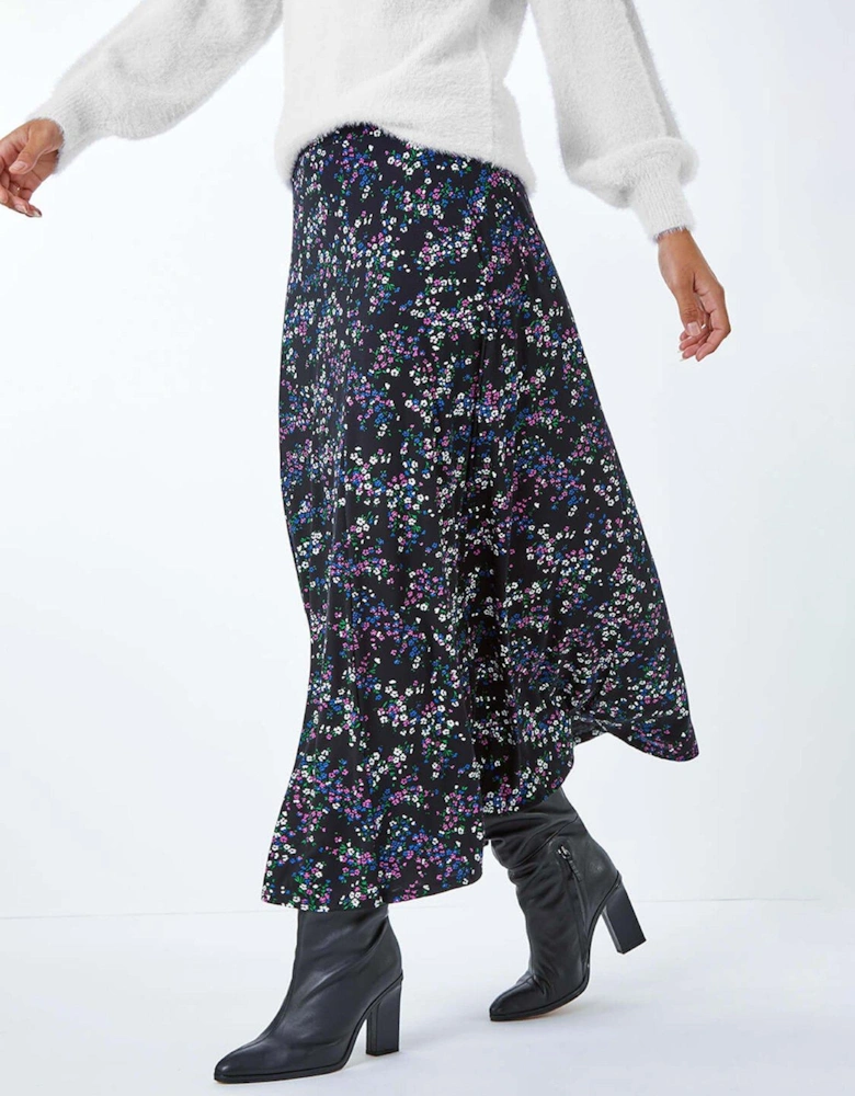 Ditsy Floral Stretch Elastic Waist Midi Skirt - Black