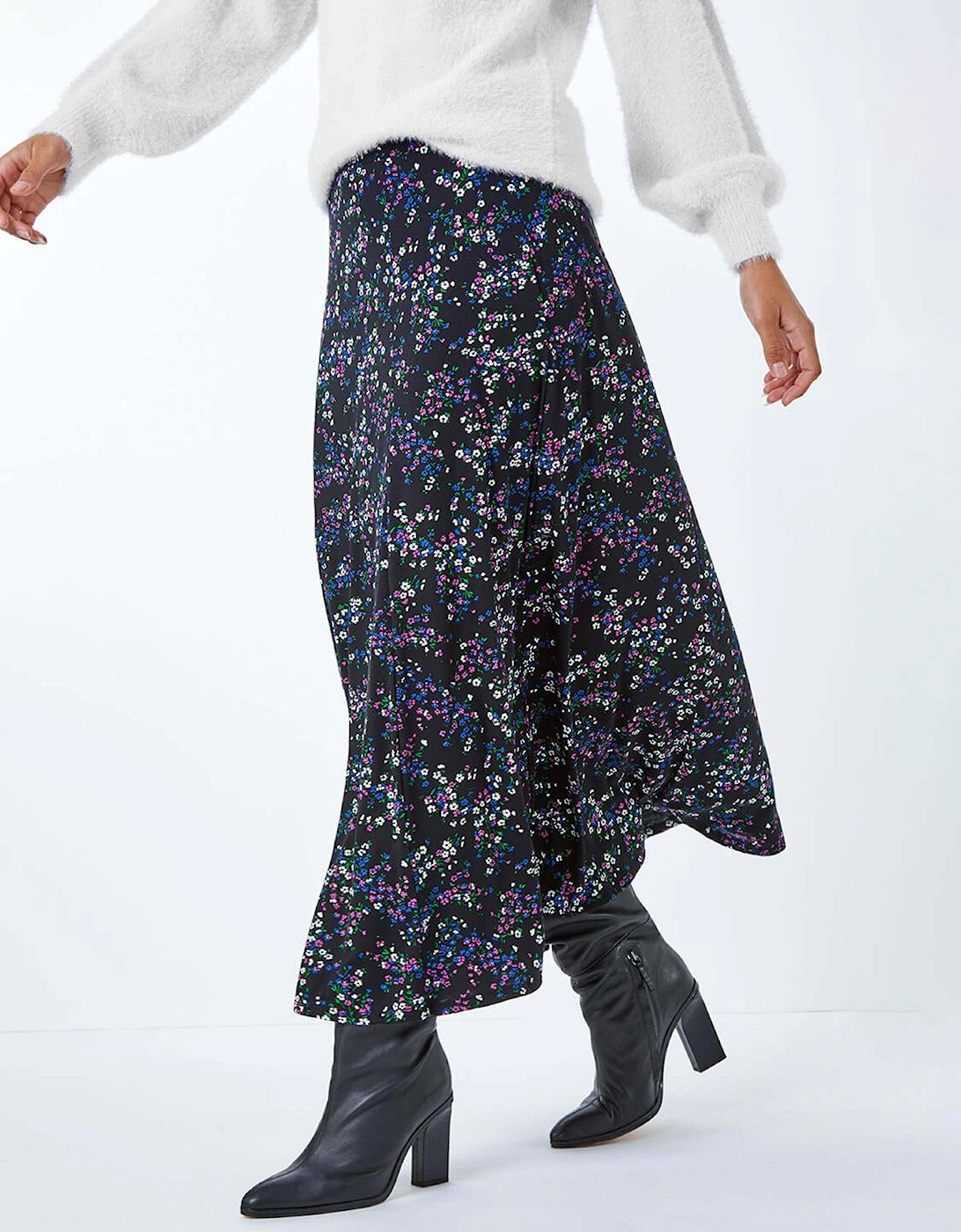 Ditsy Floral Stretch Elastic Waist Midi Skirt - Black, 2 of 1