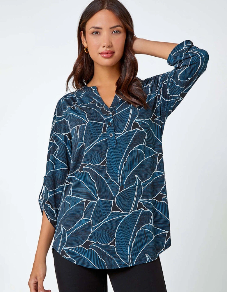 Textured Leaf Print Stretch Shirt - Teal