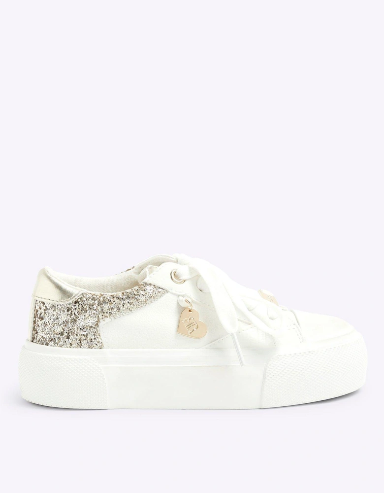 Girls Glitter Lace Up Trainers - White