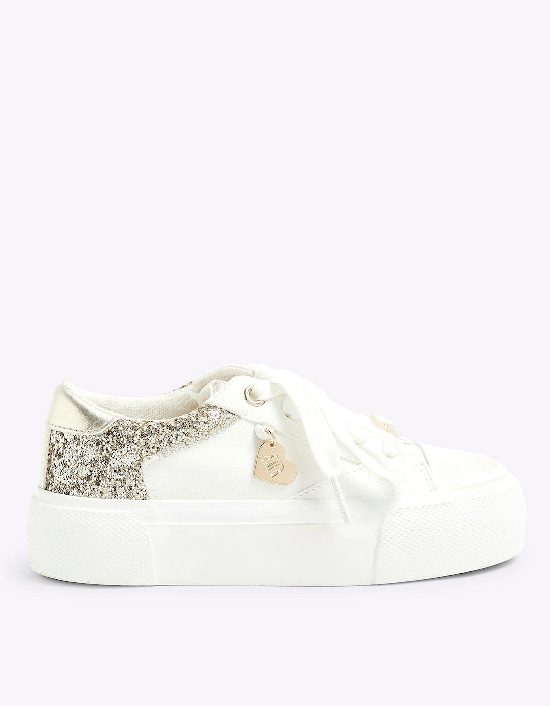 Girls Glitter Lace Up Trainers - White, 2 of 1