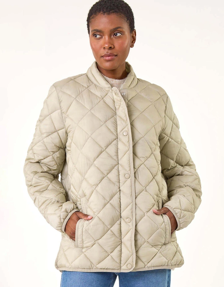 Diamond Quilted Funnel Coat - Green