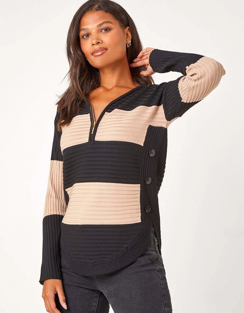 Cotton Blend Stripe Zip Knit Jumper - Beige