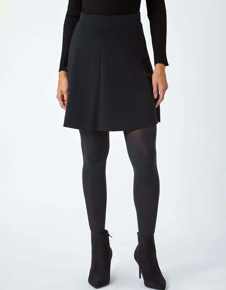 Elastic Waist Stretch A Line Skater Skirt - Black