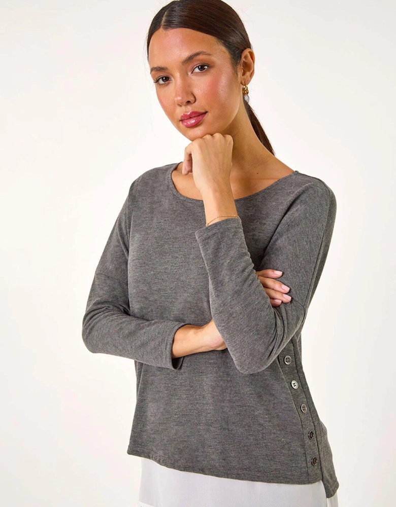 2 In 1 Contrast Hem Detail Stretch Top - Grey