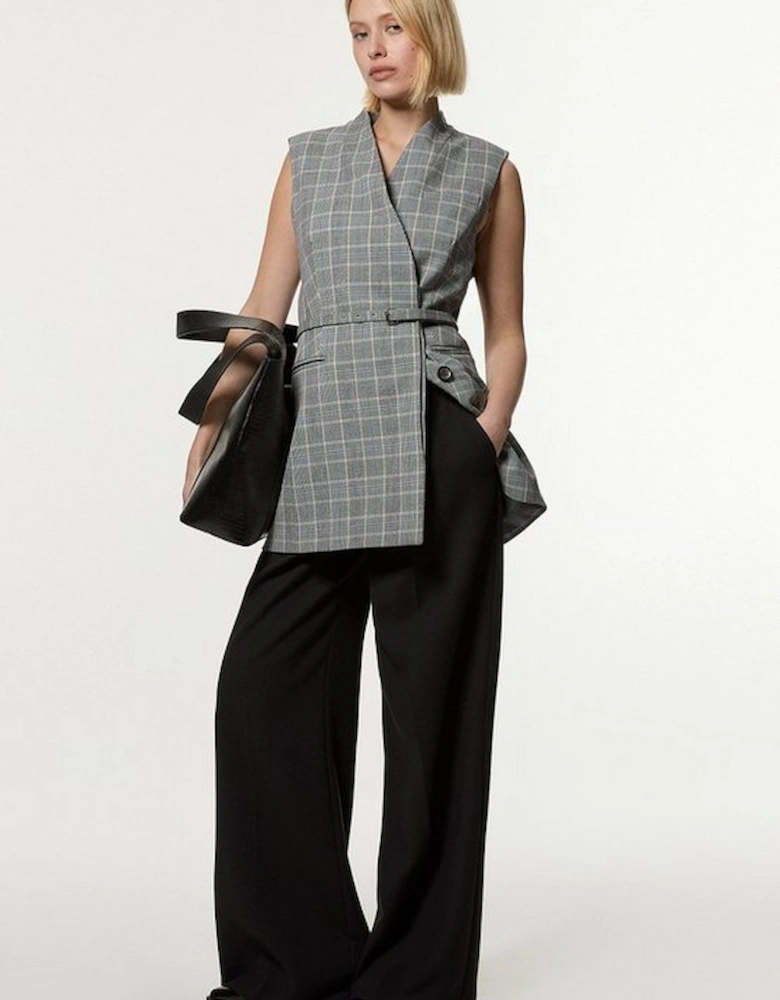 Grey Check Tailored Collarless Belted Sleeveless Blazer