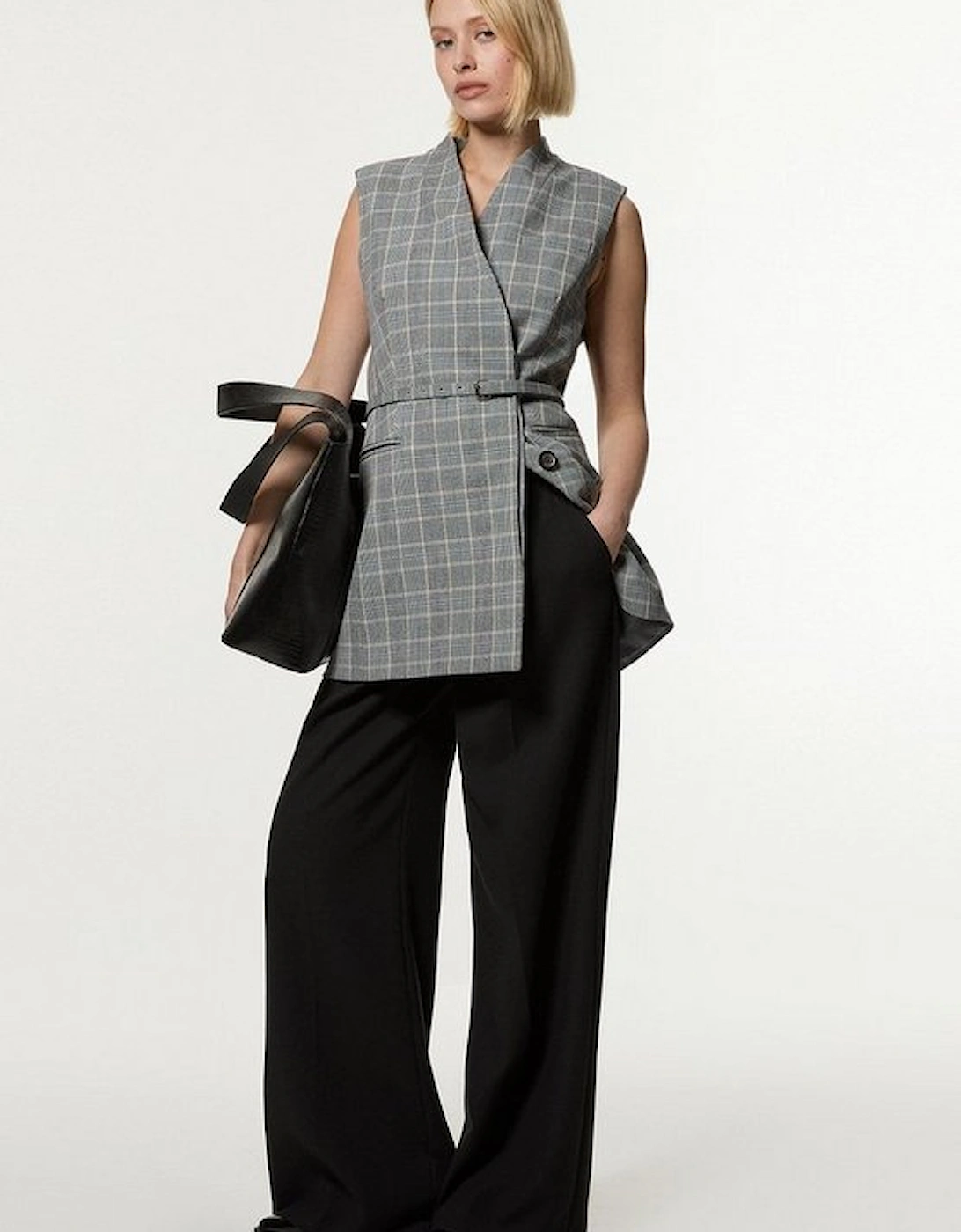 Grey Check Tailored Collarless Belted Sleeveless Blazer, 5 of 4