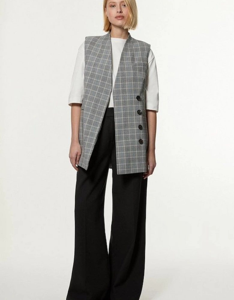 Grey Check Tailored Collarless Belted Sleeveless Blazer