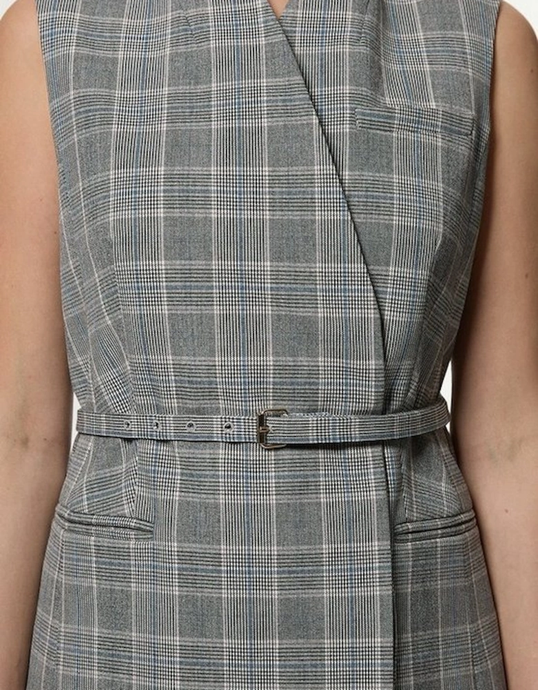 Grey Check Tailored Collarless Belted Sleeveless Blazer