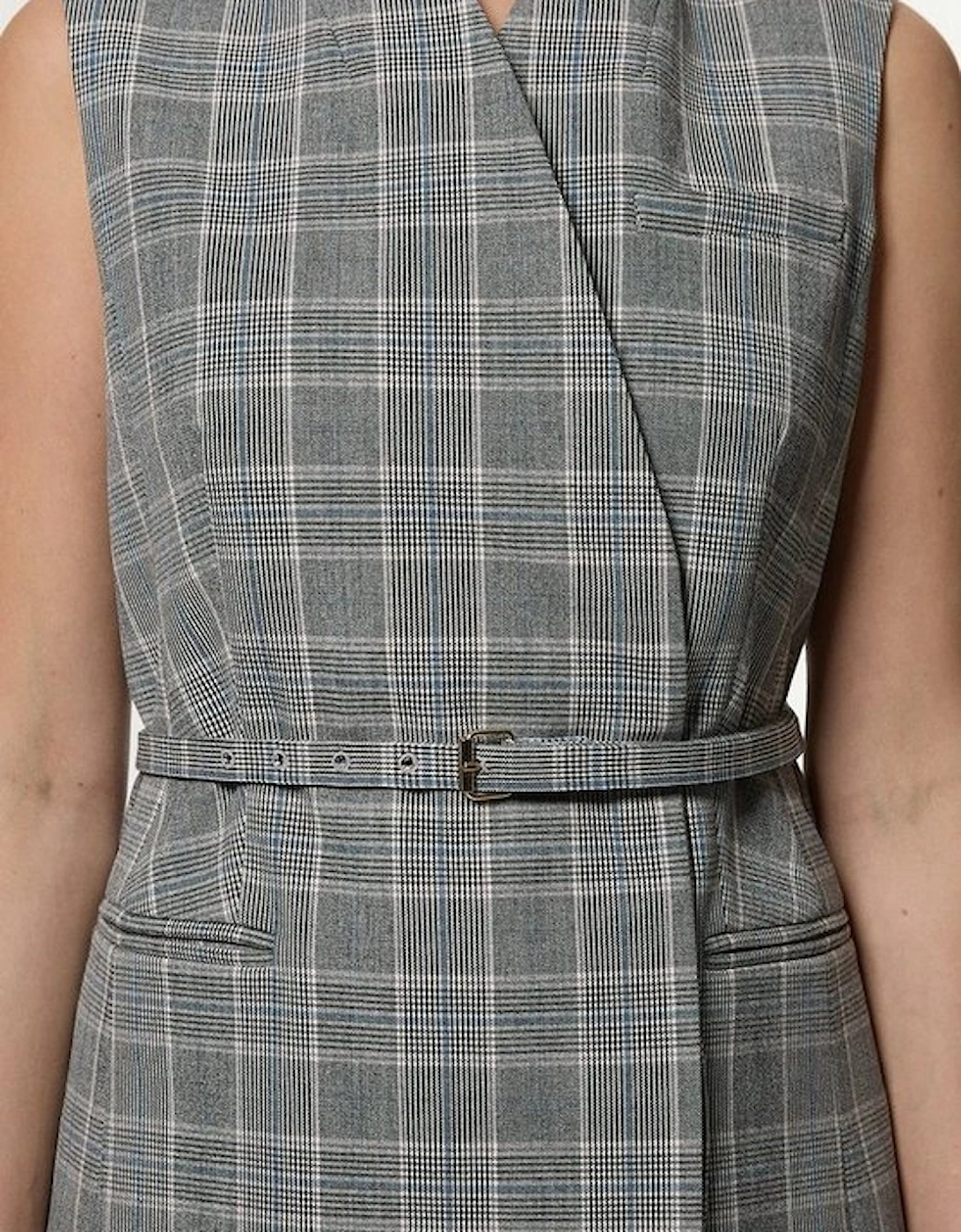 Grey Check Tailored Collarless Belted Sleeveless Blazer