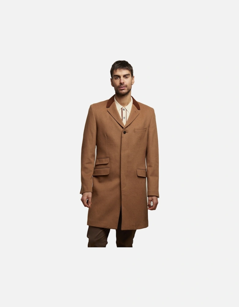 Winston Single Breasted Overcoat with Velvet Trim Collar | Camel