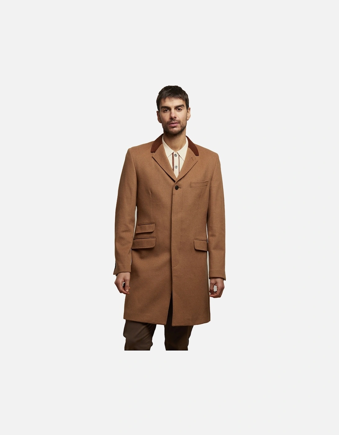 Winston Single Breasted Overcoat with Velvet Trim Collar | Camel