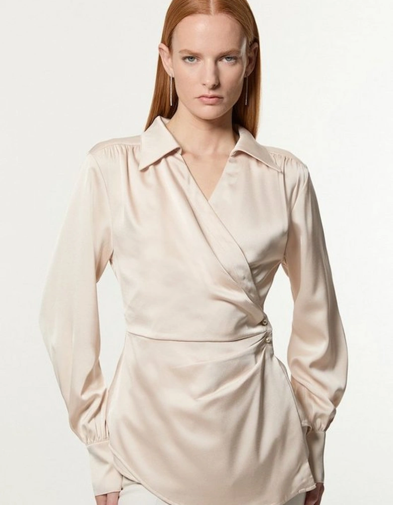 Petite Satin Back Crepe Pearl Detail Wrap Blouse