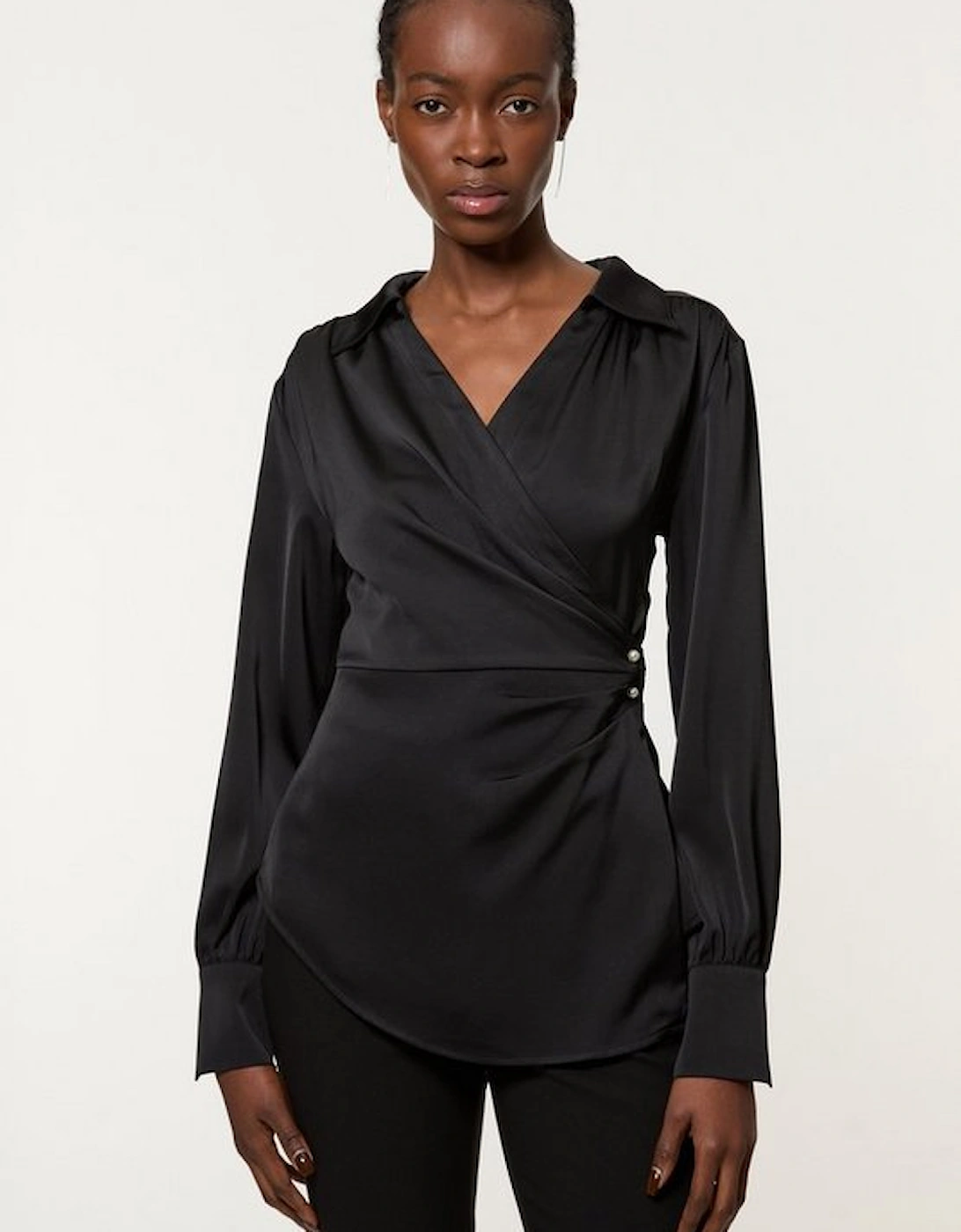 Tall Satin Back Crepe Pearl Detail Wrap Blouse, 4 of 3