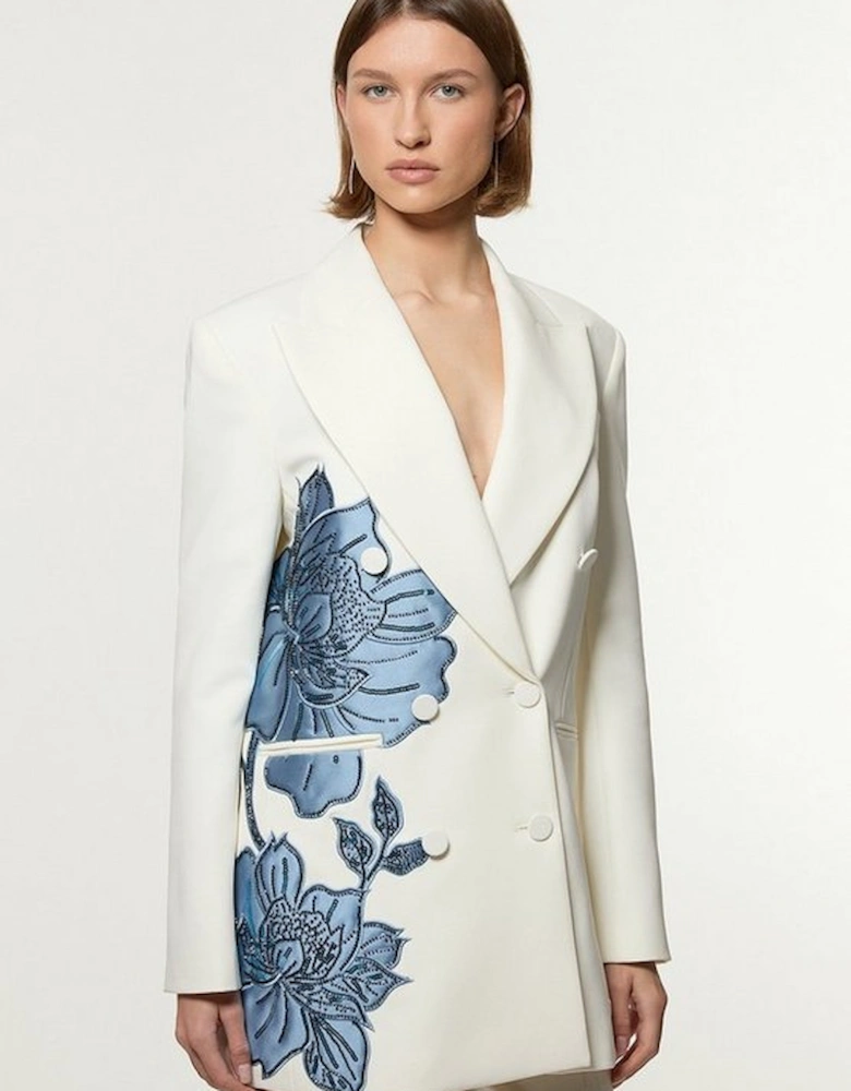 Tailored Applique Satin Beaded Tuxedo Blazer