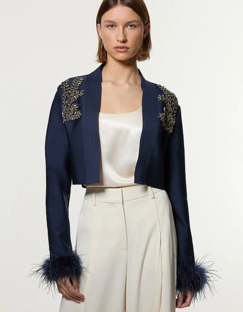 Figure Form Bandage Embellished Feather Cuff Crop Knit Jacket