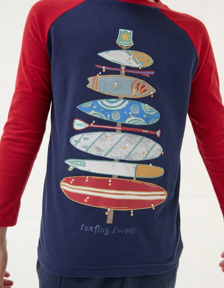 Boys Board Surf Tree Long Sleeve Christmas T-Shirt - Navy