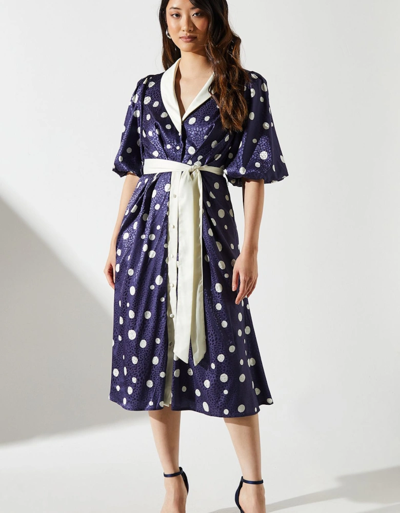 Short Sleeve Satin Polka-Dot Wrap Dress