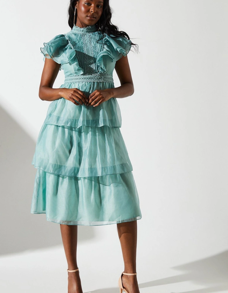 Organza Tiered Lace Trim Dress