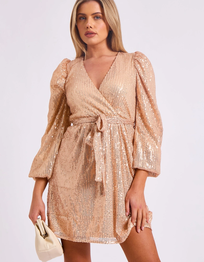 Champagne Sequin V Neck Belted Mini Dress