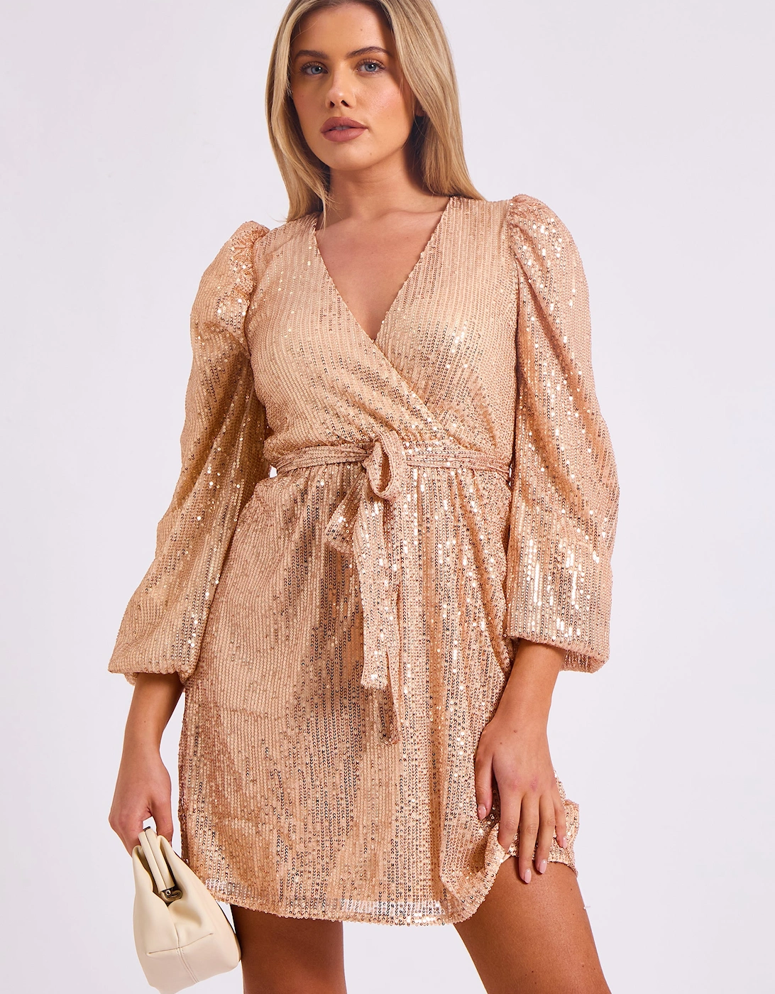 Champagne Sequin V Neck Belted Mini Dress