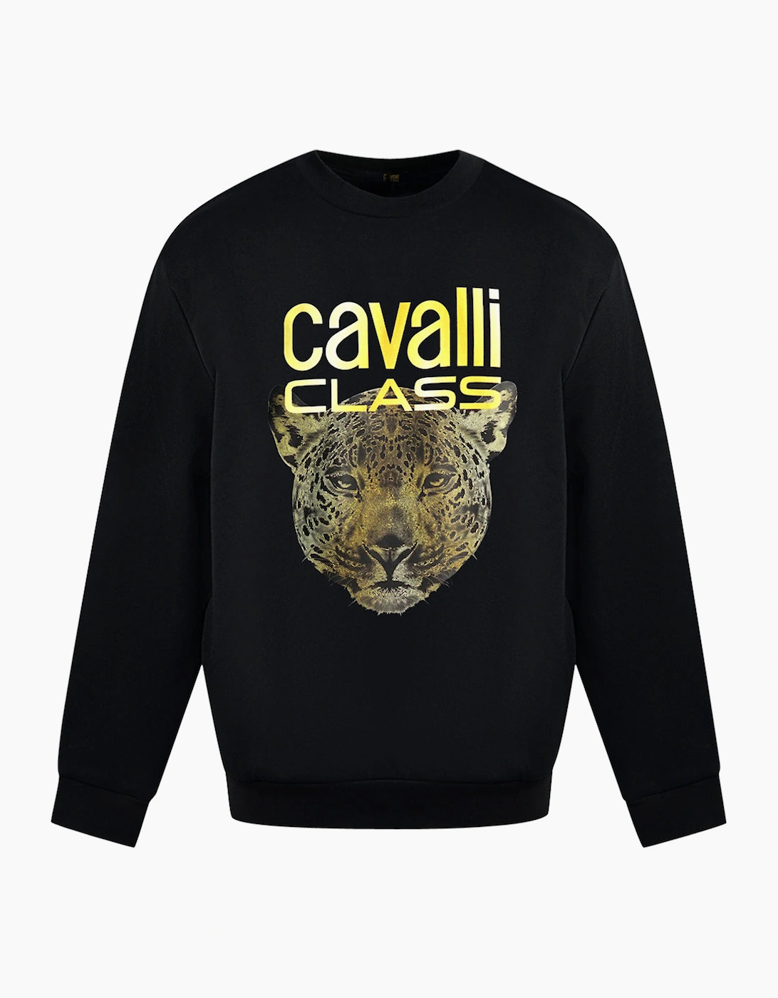 Men's Cavalli Class Leopard Print Logo Black Jumper - Size: 42