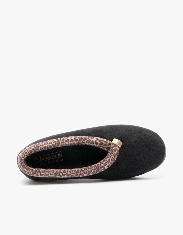 DAWN Womens Velour Full Slippers Black/Ocelot