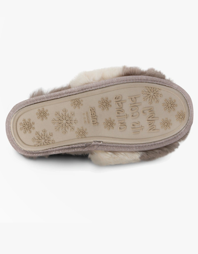 FAUX FUR CONTRAST STRIPE Slider Slippers Womens Natural