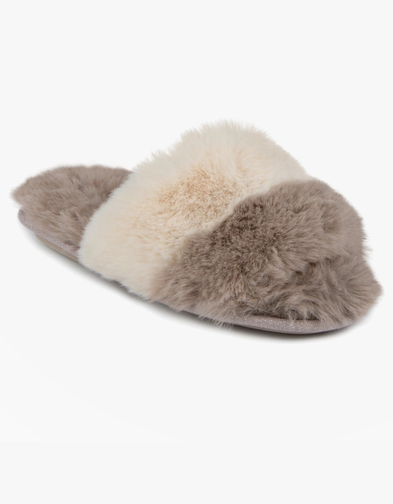 FAUX FUR CONTRAST STRIPE Slider Slippers Womens Natural