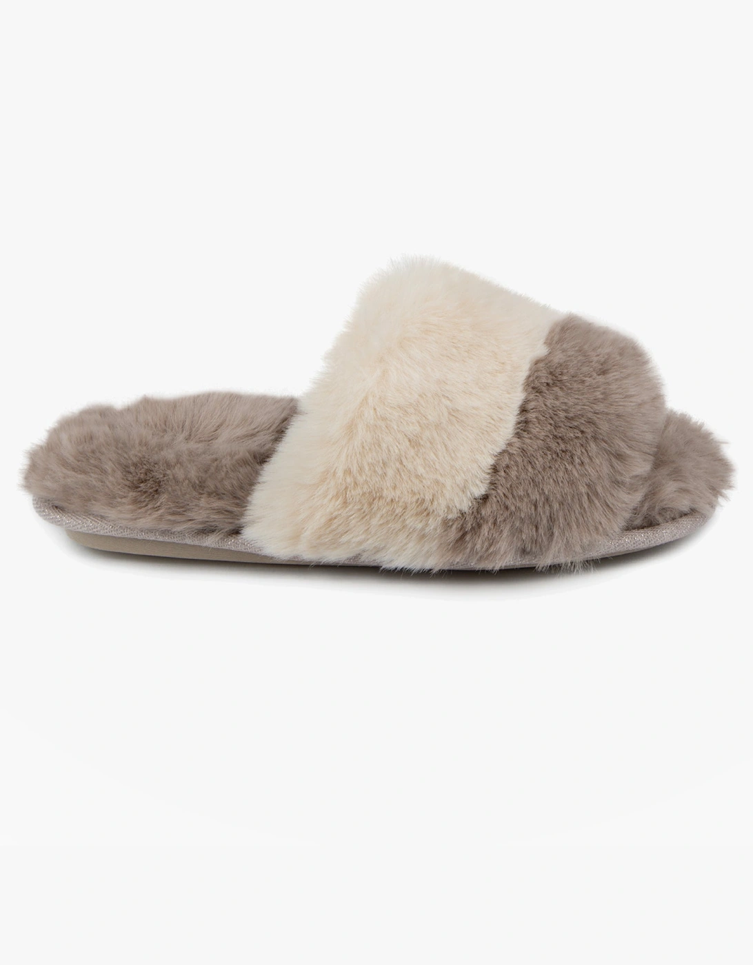 FAUX FUR CONTRAST STRIPE Slider Slippers Womens Natural