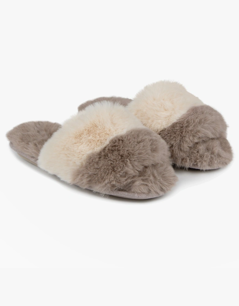 FAUX FUR CONTRAST STRIPE Slider Slippers Womens Natural