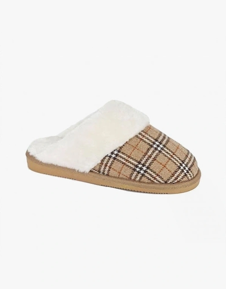 LEYLA Womens Fur Cuff Mules Beige Check