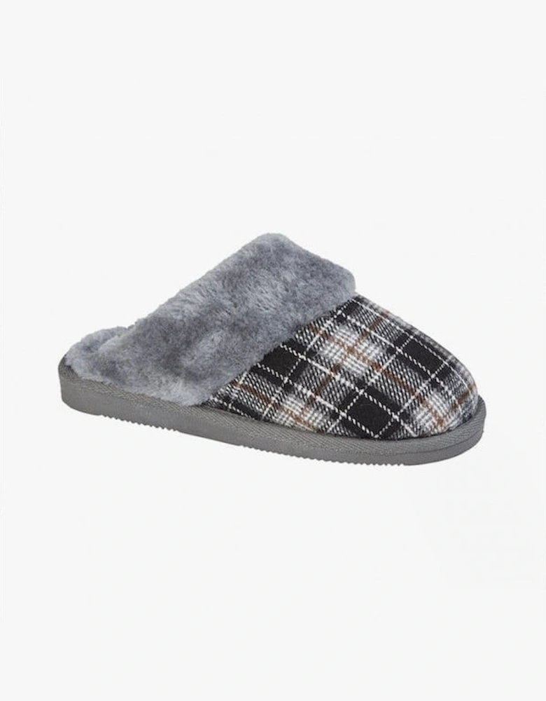 LEYLA Womens Fur Cuff Mules Black/Grey Check