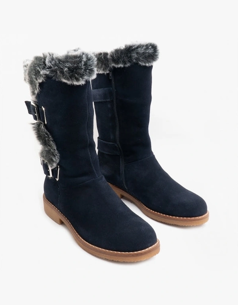 MEGAN Womens Suede Mid-Calf Boots Navy