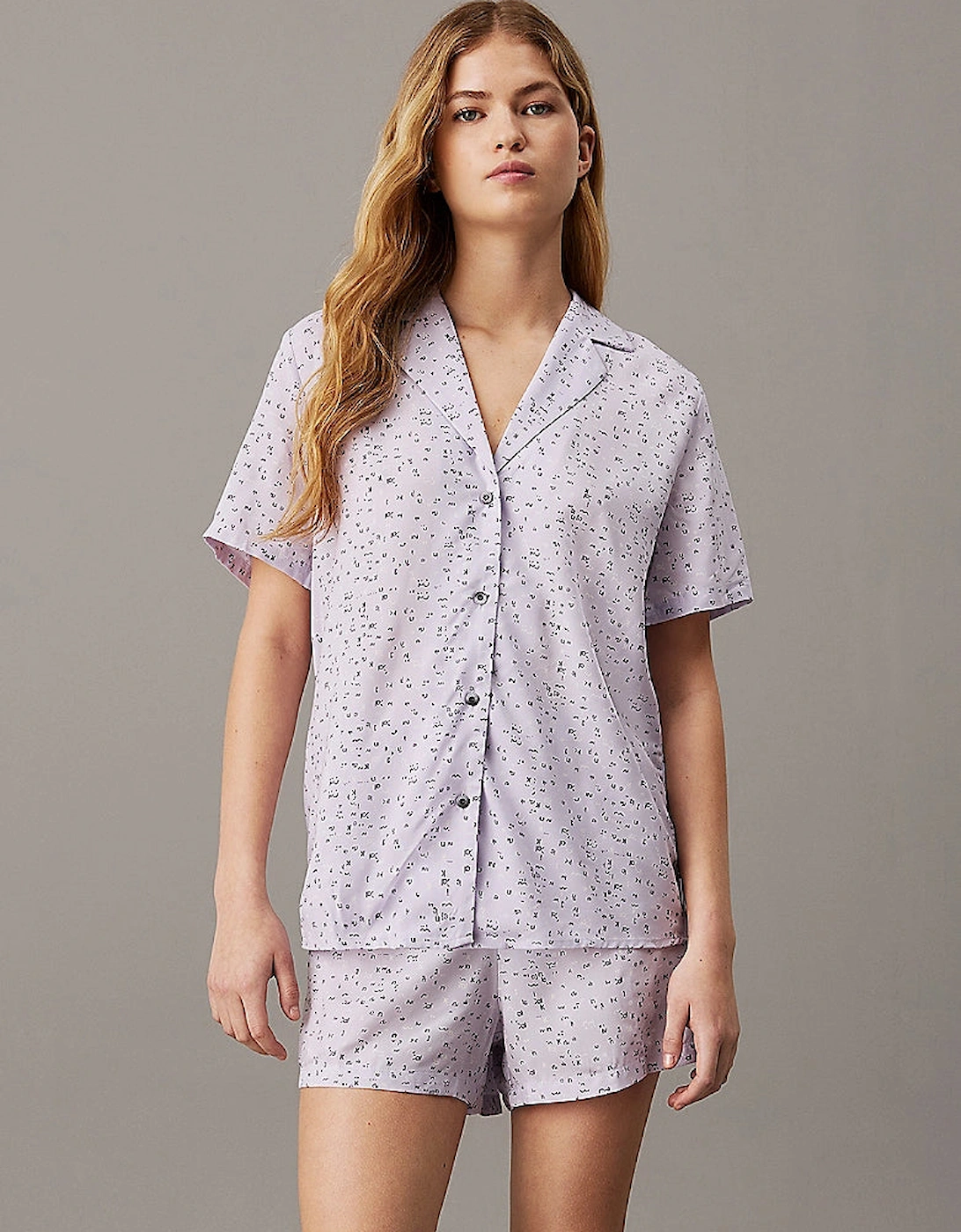 Women's Calvin Klein WOVEN VISCOSE Pyjama Set Womens Scatter Logo Print/Lavender Blue - Size: 10