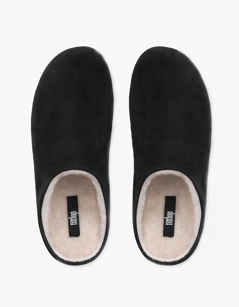 CHRISSIE SHEARLING Womens Suede Mule Slippers Black