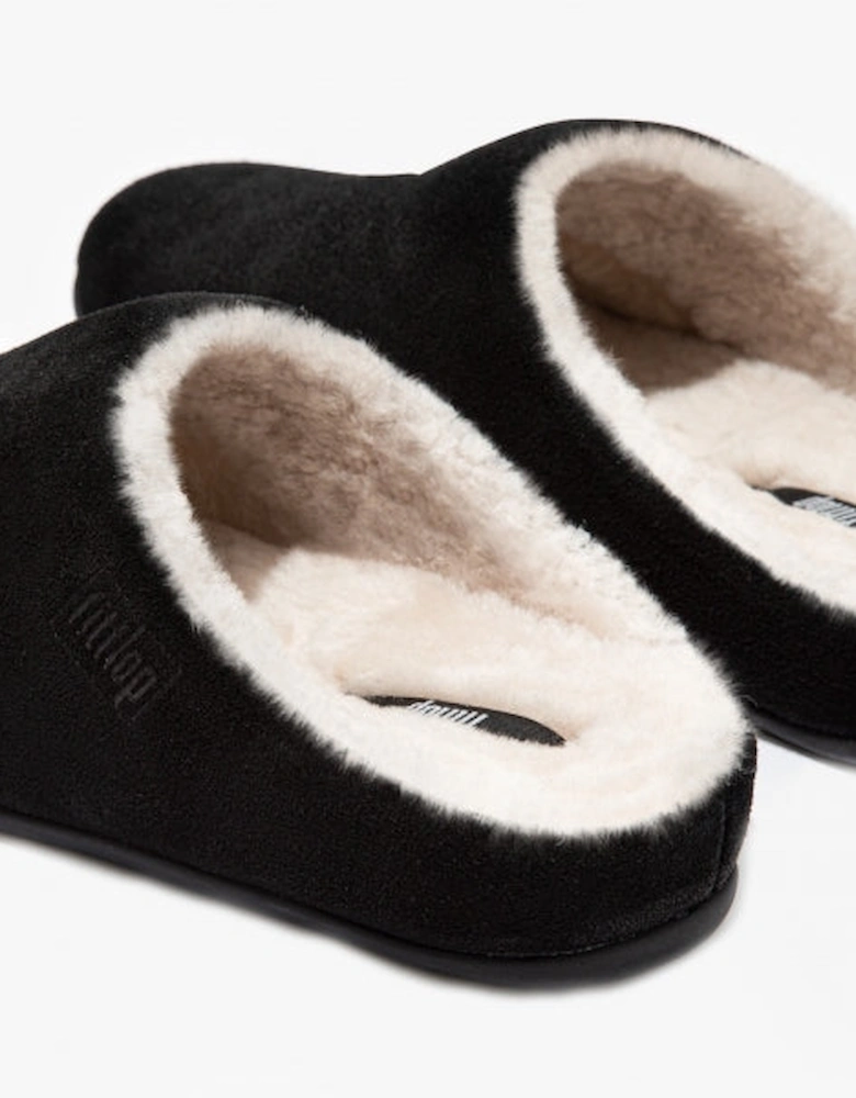 CHRISSIE SHEARLING Womens Suede Mule Slippers Black