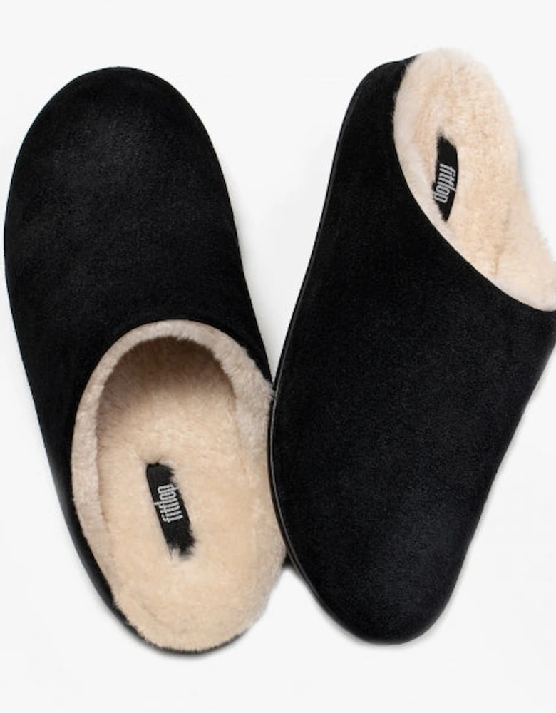 CHRISSIE SHEARLING Womens Suede Mule Slippers Black