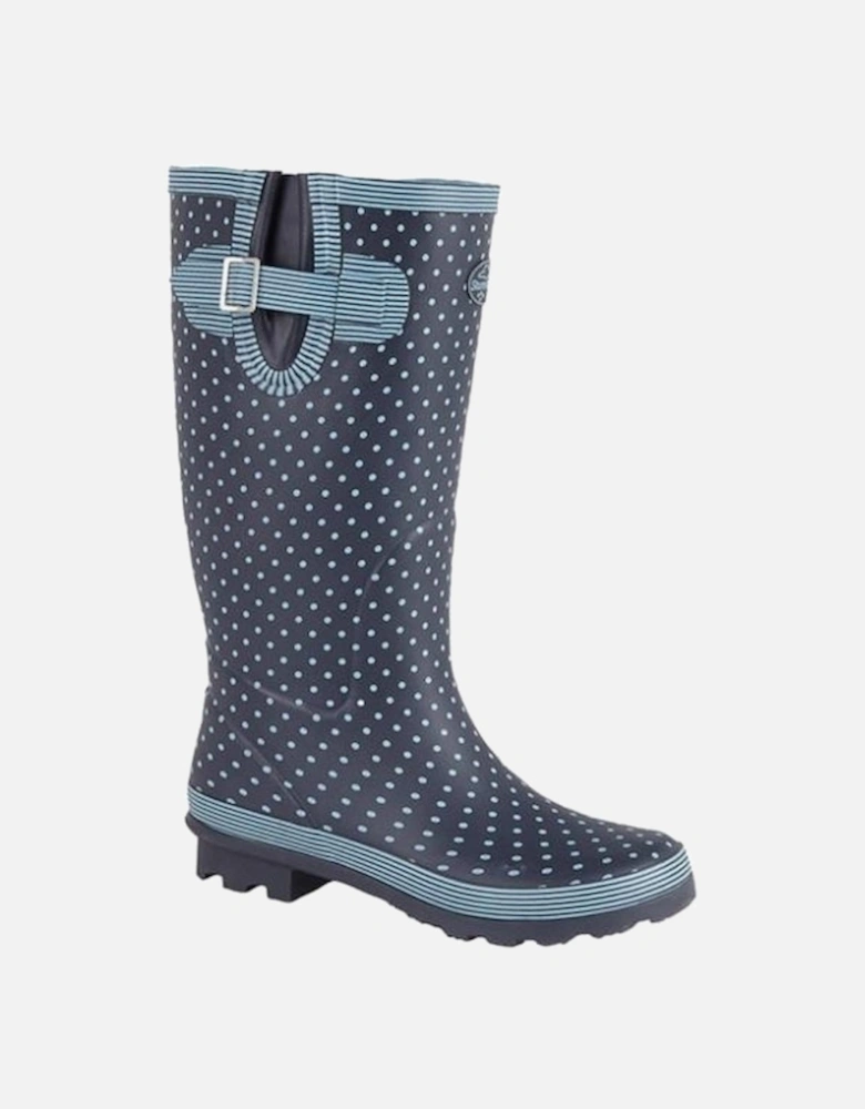 Stormwells DOTTY Womens Rubber Wellington Boots Pale Blue Polka Dot/Navy